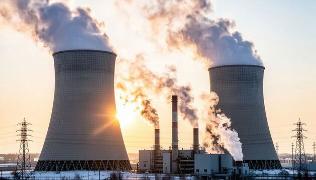 Two cooling towers release steam in a nuclear power plant setting. The power plant towers stand against a sunset, casting shadows while emitting steam into the air.