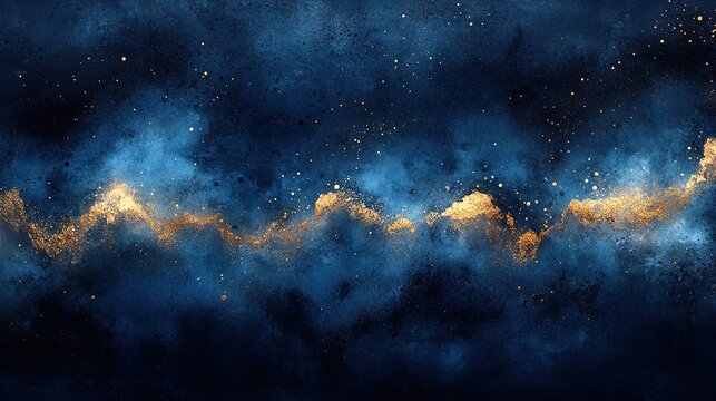 Deep blue and black watercolor washes, paired with delicate gold leaf splatters, create an abstract artistic composition on rough, cold-pressed paper, resulting in a rich and elegant atmosphere.