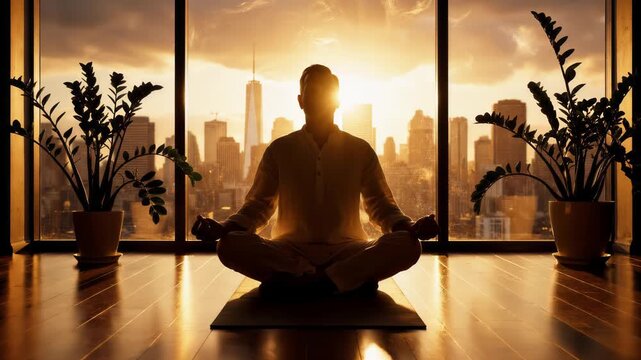 Man sits cross-legged in meditation facing city skyline. Warm sunlight filters through large windows creating a calm atmosphere. Concept of wellness, mindfulness, yoga