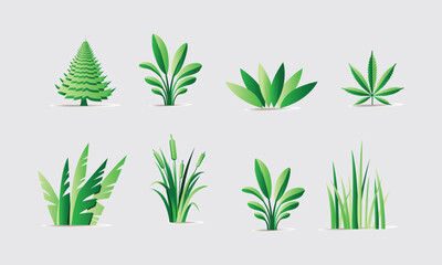 Fototapeta premium Green Plant Icons Set - Vector Leaves, Grass, Tree and Foliage Illustrations for Nature Design 