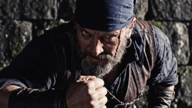 Man with beard looking at camera in strong fighting pose. Setting shows stone wall backdrop and intense expression. Concept of action movies, training, fitness