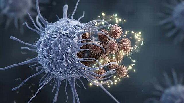 Macro cell immune cell virus infection antibody biology medical science illustration 3d render, microscopic macrophage cell attack cancer cell cluster with glowing immune response, futuristic