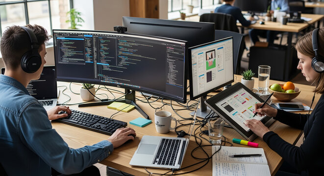 Dynamic Office Environment Showcasing Team Collaboration in Technology and Design with Cutting-Edge Tools and Workstation Setup for Creative Professionals