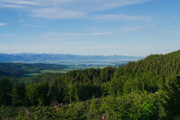 Obraz premium Liptovska Mara, Slovakia, between Tatra mountains. Panoramic View of Mountain Range and Lake Over Lush Green Forest Canopy.
