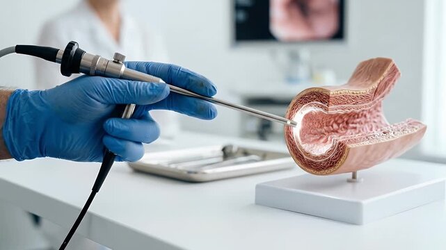 Endoscopy colon model medical training for surgeon in hospital or clinic with anatomy of colorectal intestine for diagnosis examination surgery and healthcare education using endoscope and doctor hand