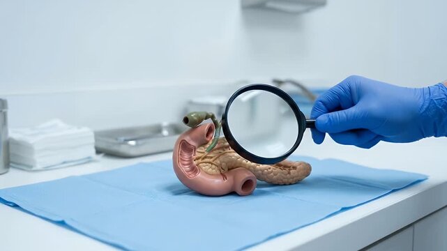 Human organ model stomach intestine gallbladder magnifying glass with medical glove blue cloth table hospital clinic surgery training healthcare anatomy medical study education digestive system