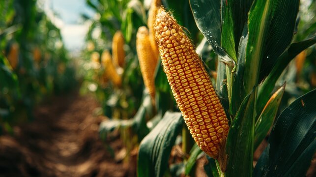 Macro-style photograph of corn on the stalk in a lush field