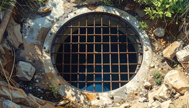 A round metal grate covers a dark opening surrounded by rocks