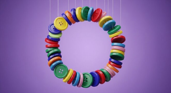 A large circle made of various colorful (rainbow) sewing buttons suspended by thin wires against a purple gradient studio background