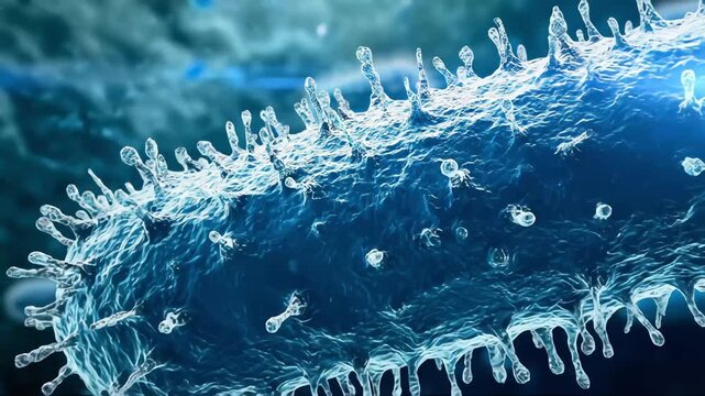 A microscopic view of a virus with spiky protrusions and textured surface.