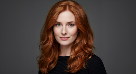Fototapeta premium Portrait of a young woman with long wavy red hair. Redhead female model smiling on grey backdrop