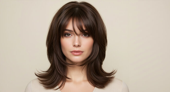 Portrait of a young woman with layered brunette hair and bangs. Fashionable female model with medium length hairstyle on beige backdrop. Hair salon concept