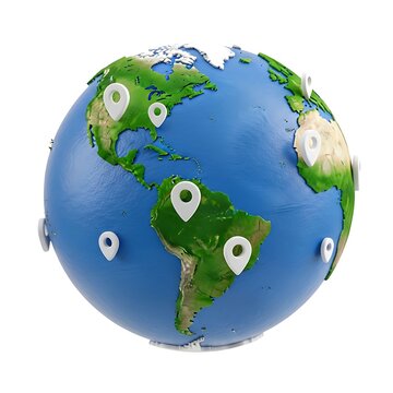 A 3d globe with multiple white location pins on it isolated on white background