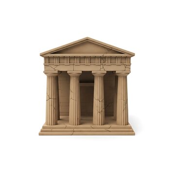 A 3d model of a small ancient greek temple with four columns and a triangular roof on isolated white background