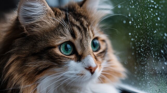 A fluffy, multicolored cat with stunning green eyes stares longingly out a rain-streaked window. Focus on its face