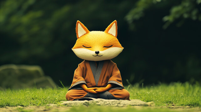 A cute orange fox in monk robes meditates peacefully outdoors in the grass
