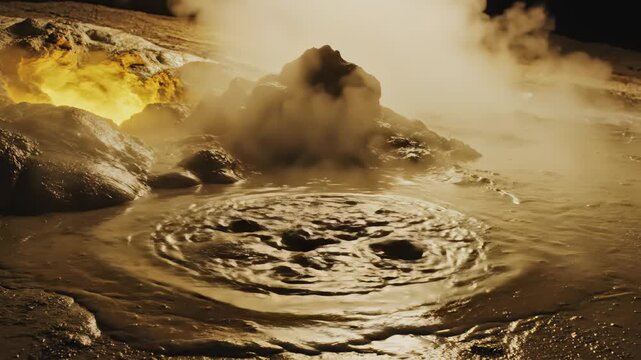 Bubbling and churning geothermal mud flows create mesmerizing eruptions in a surreal landscape, enveloped in steam, showcasing nature's powerful artistry at twilight.