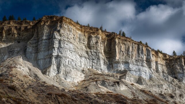 Weathered cliff face with stratified layers of varying colors under a cloudy sky. Small trees cling to the top