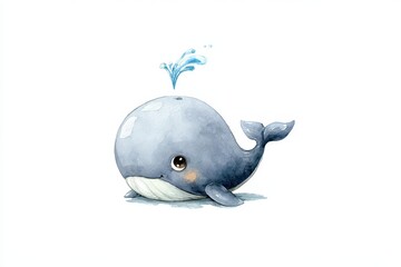 Fototapeta premium Whimsical whale illustration for kids, rounded shapes, clean white backdrop