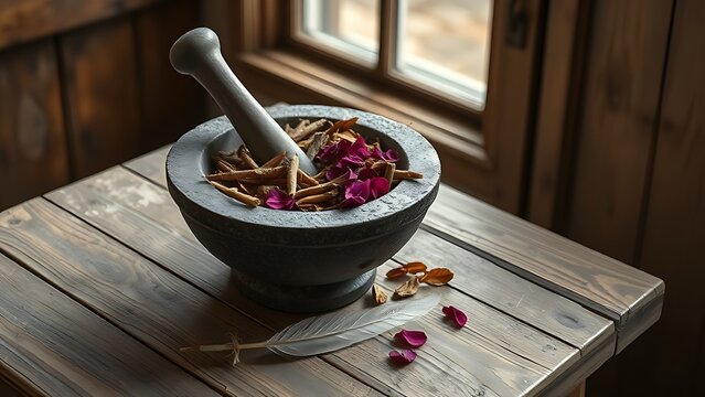 Stone mortar with mandrake roots and petals on a wooden table.