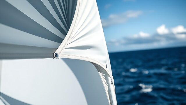 Close-up of taut spinnaker sail fabric bulging under strong wind.