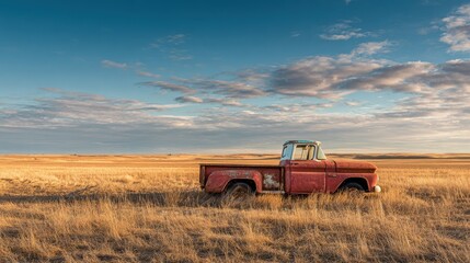 Fototapeta premium Vintage farm truck resting in a stubble field amid wide open space