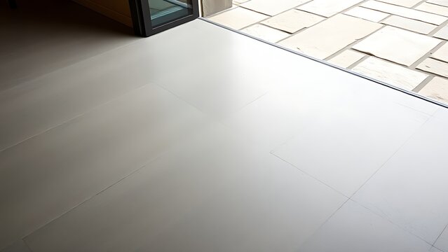 Transition from smooth indoor floor to rough outdoor stone slab boundary.