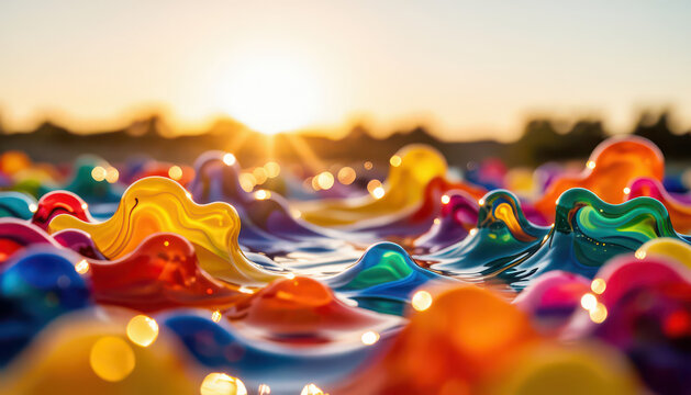 colorful bubbles floating on water as the sun sets. The vibrant bubbles reflect the sunlight, creating a beautiful pattern in the water.