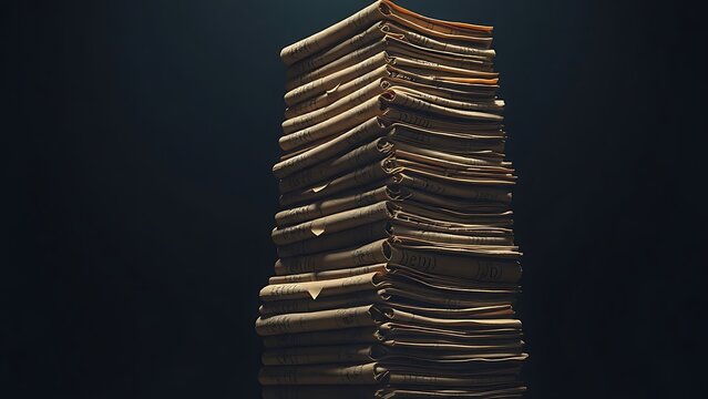 A towering stack of ancient scrolls in various languages, dimly lit from above.