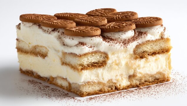 Layered dessert with cookies, creamy filling, and cocoa powder