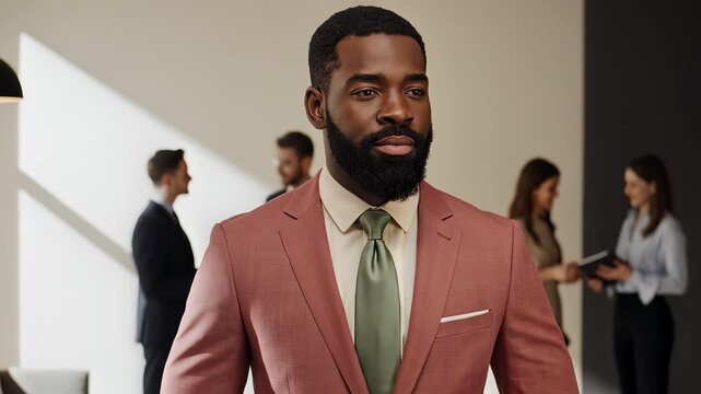 Business professional adjusts tie while looking directly at camera in modern office. Colleagues converse in background. Concept of finance, corporate culture, team collaboration