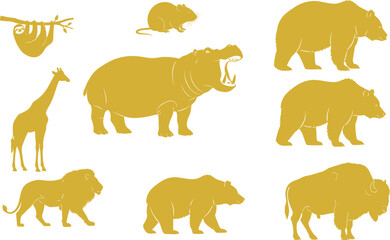 Obraz premium Set of golden animal silhouettes icons isolated on white background