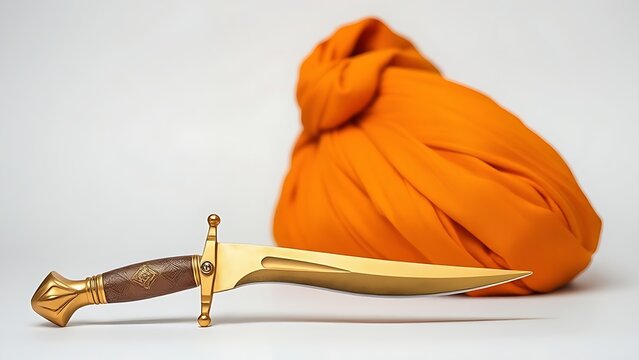 Golden dagger beside an orange turban, symbolic still life.