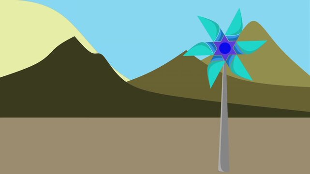 Cartoon vector animation illustration of natural mountain atmosphere and windmills of wind power plants