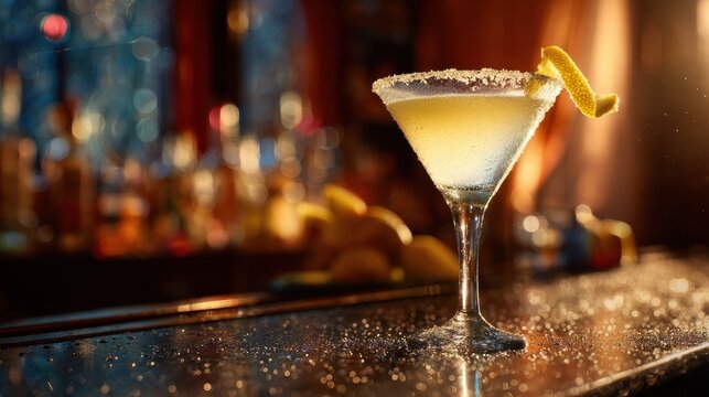 Lemon Drop Martini on a polished bar counter with a sugared rim and ample negative space