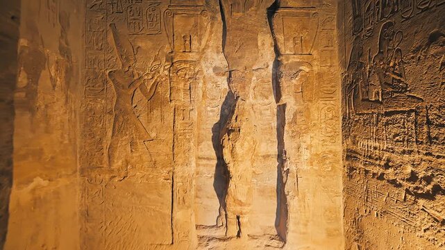 4k Footage of interior Hieroglyphs in Abu SImbel Egypt. four Interior Statues Of Abu Simbel Temple In Egypt.