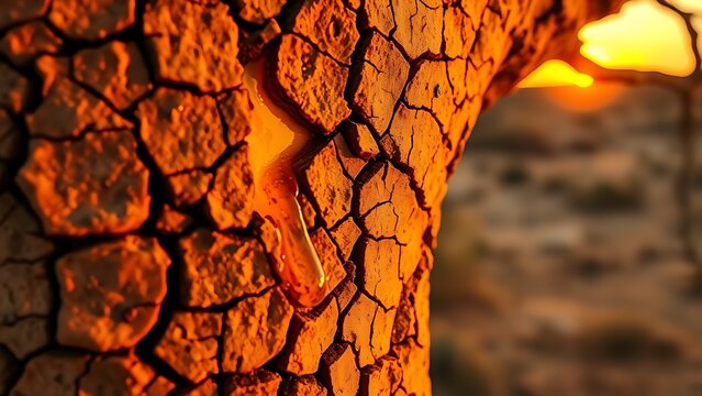 Close-up of cracked bark on a desert tree, golden amber resin droplets oozing from fissures.