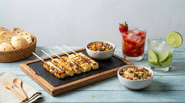 Espetinhos de queijo coalho grelhados com farofa, vinagrete e caipirinhas de lim&atilde;o e morango sobre mesa de madeira - queijo grelhado com Molho a Campanha