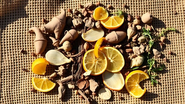 Assorted botanicals scattered on rough burlap fabric in sunlight.