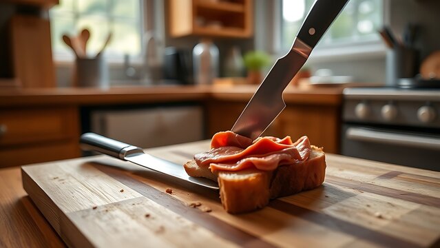 A knife spreading liverwurst onto a slice of bread on a wooden board in a warm kitchen.