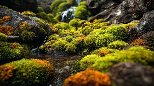 Close-up of vibrant green and orange moss growing around a small, clear stream flowing through rocky terrain