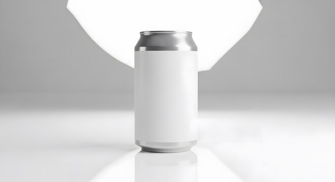 Mockup of a 12 oz white beverage can with silver top on reflective surface. 12 oz can mockup