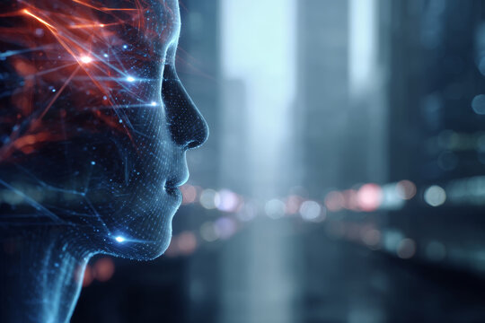 Futuristic digital human face with glowing neural network connections visualized in a high tech cityscape. Artificial intelligence and technology merge in this conceptual illustration