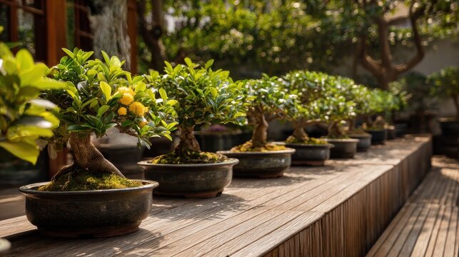 Serene ten-tree arrangement of ficus and bonsai specimens in natural daylight, lush greenery, with a striking yellow flowering accent