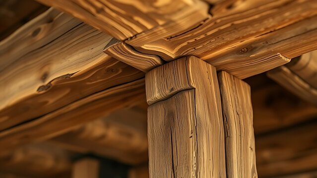 Ancient wooden beam with mortise and tenon joint, detailed texture.
