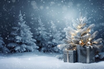 Naklejka premium Presents sitting under a snow covered christmas tree with lights in a winter forest during snowfall