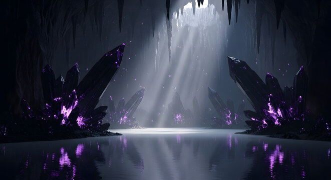 Glowing purple crystals illuminate a dark cave with reflections on the water beam of light rock formation