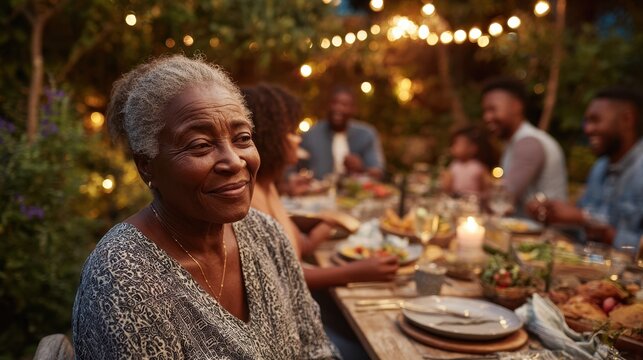 Multigenerational outdoor dining on a cozy home terrace, candid moments and warm evening light