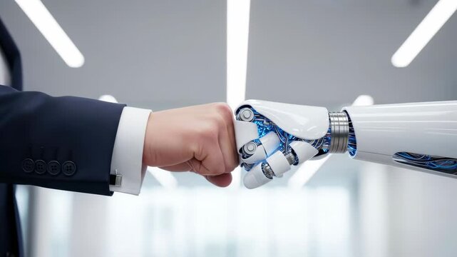 Human and robot making a fist bump in a modern office. Artificial intelligence, business partnership, teamwork and future of work concept