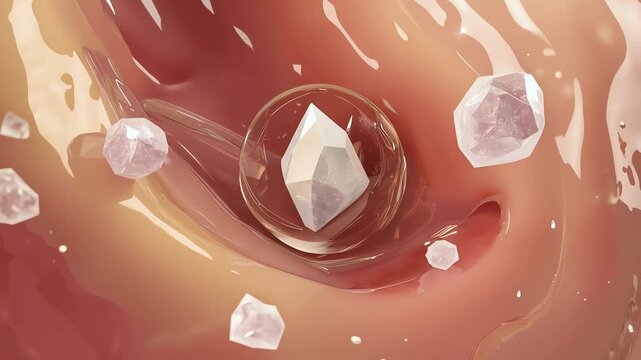 Tiny mineral particles floating in fluid, particles slowly sticking together, forming a small sharp crystal stone
